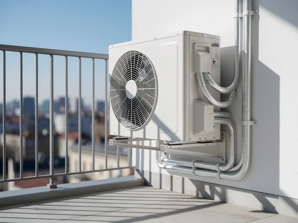 Groupe extérieur d'une PAC air/air installé sur un balcon